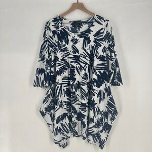 Porto Tunic Womens L Blue White All Over Print 3/4 Sleeve Round Neck Lagenlook